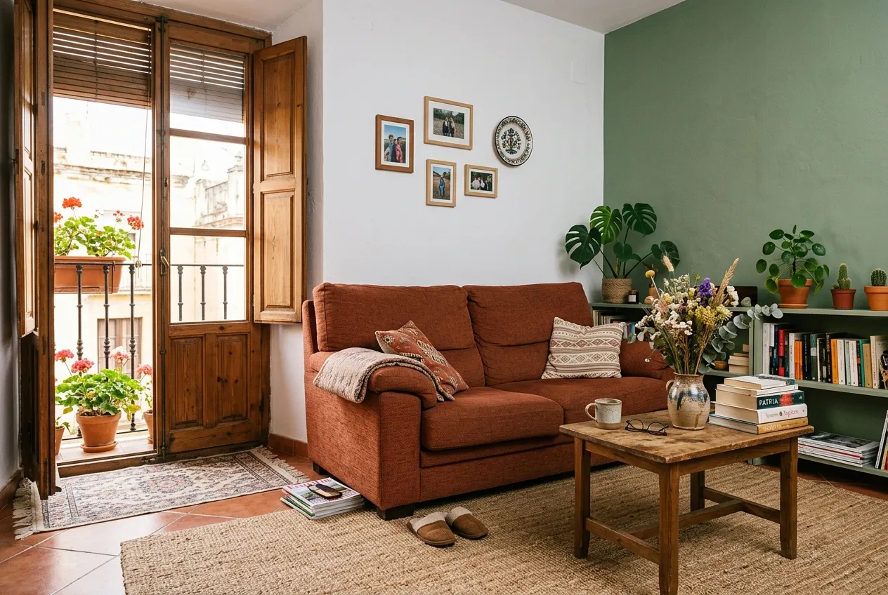 Salón de un piso con sofá terracota, pared verde salvia y balcón de madera
